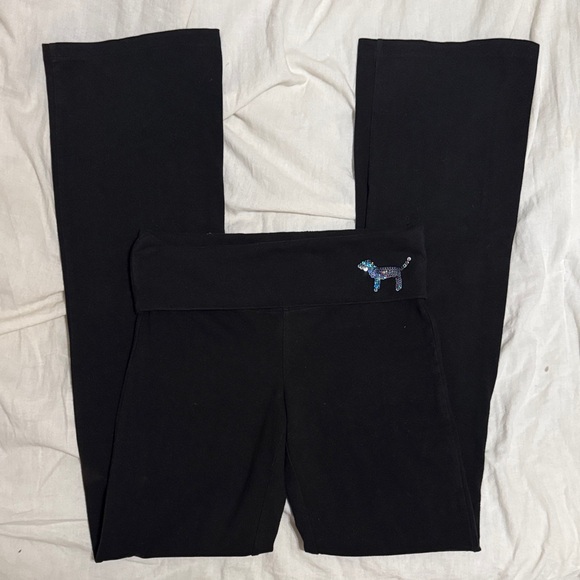 PINK Victoria's Secret Black Fold Over Flare Pants with Sequin Logo - Picture 2 of 4